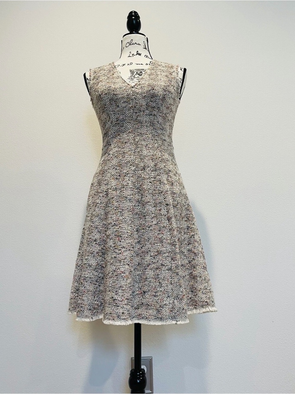 Rebecca Taylor Neutral Tweed Midi Dress in Ivory and Gray